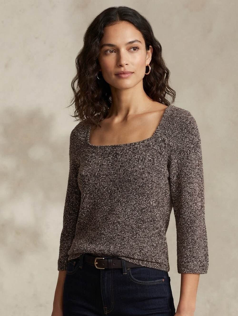 Women’s Speckled Tweed Marled Knit Sweater with Square Neck